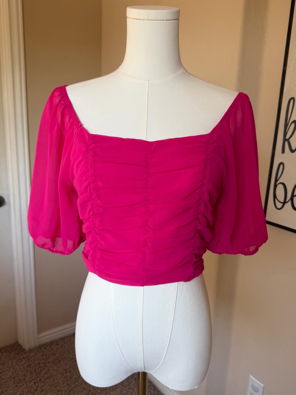 Altar'd State Hot Pink Ruched Puff Sleeve Crop Top
